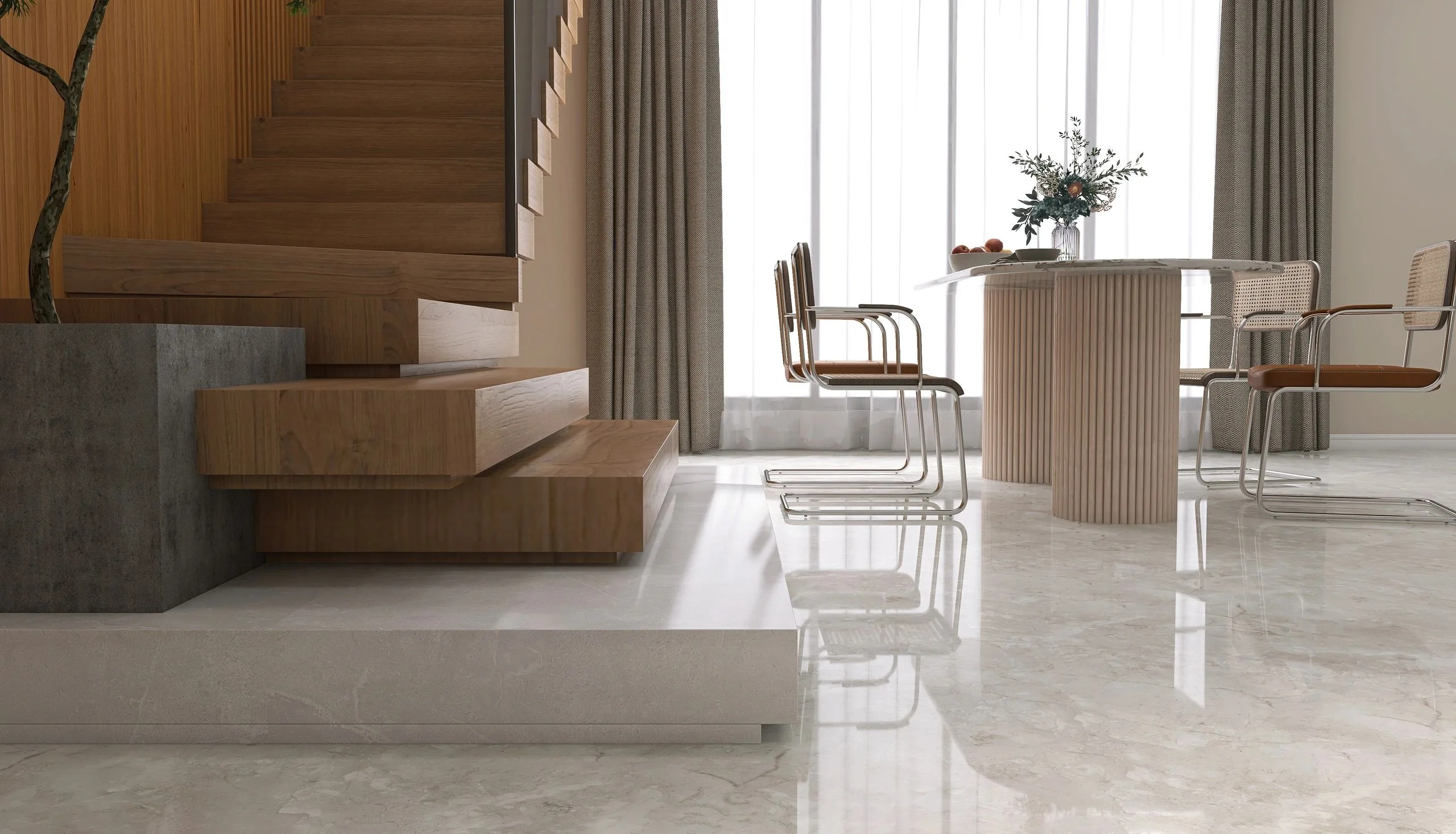 Modern common area with staircase and bright interiors