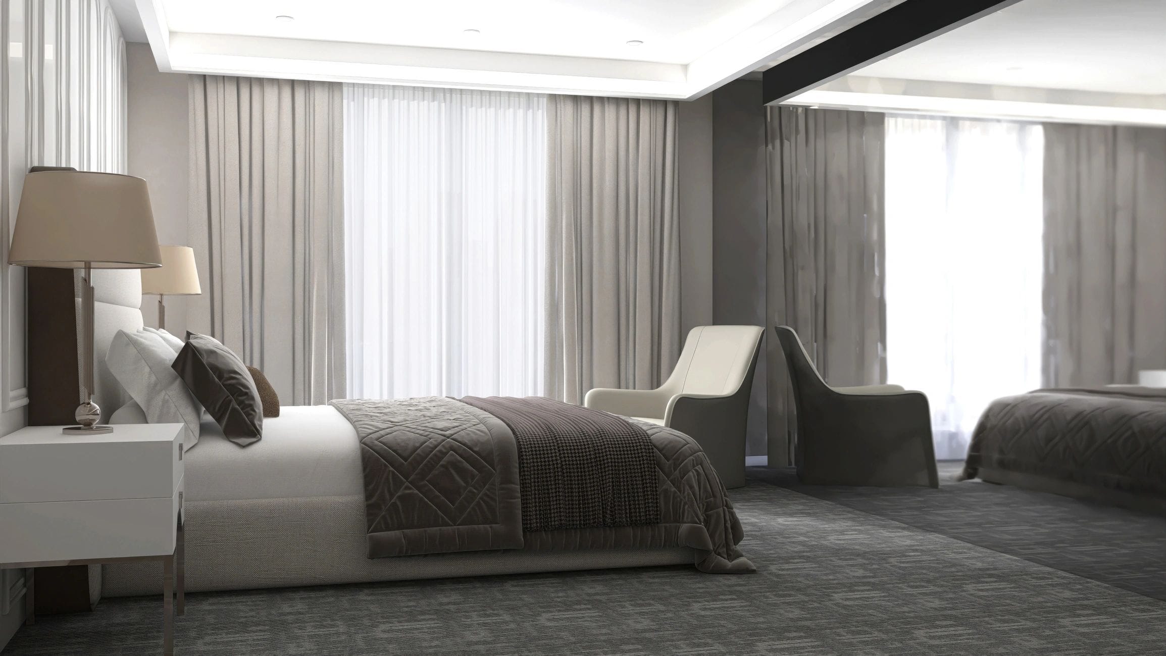 Modern bedroom with mirror wall and soft daylight